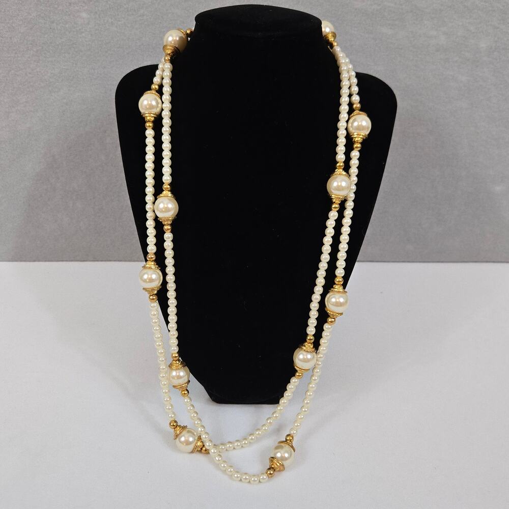 Vintage Large & Small Size Faux Pearl Necklace with Gold-Toned Accents